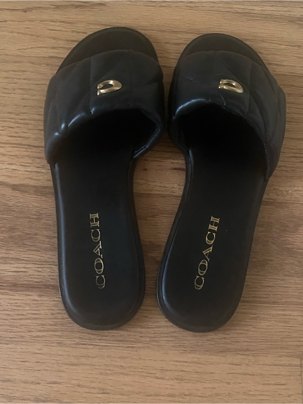 Coach Holly Black Quilted Slide Sandal with Gold Accent - Size 6